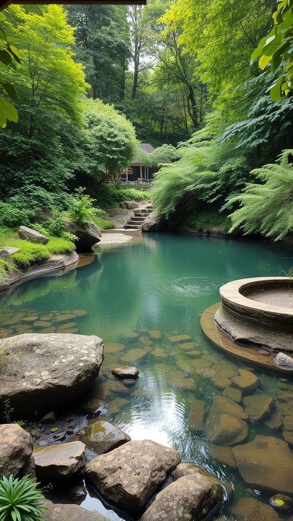 A natural swimming pool surrounded by lush greenery and rocks, creating a serene atmosphere.