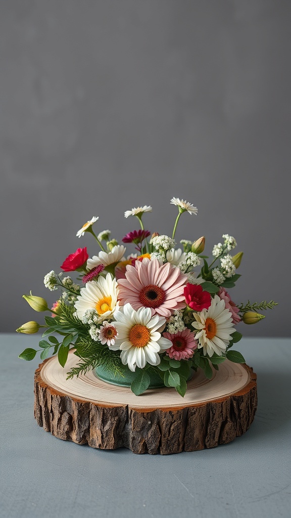 A floral arrangement on a natural wood slice base, featuring colorful flowers.