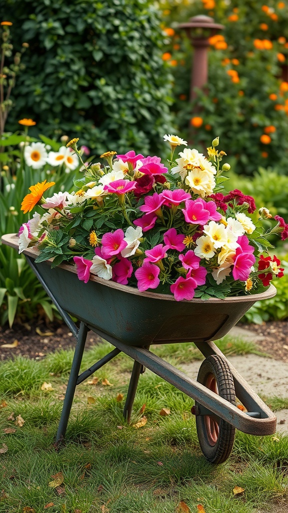 An old wheelbarrow filled with colorful flowers in a garden setting.