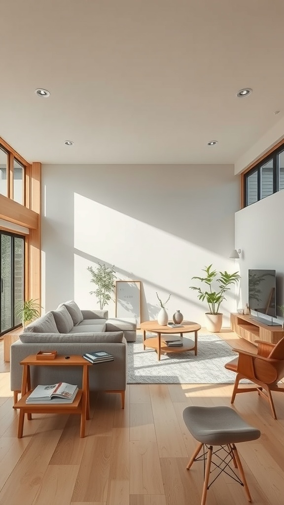 A spacious Japanese living room with large windows, light wood flooring, and minimalist furniture.