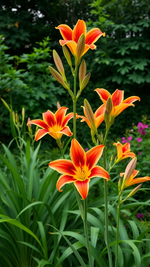 A cluster of vibrant orange and yellow oriental lilies in a garden setting.