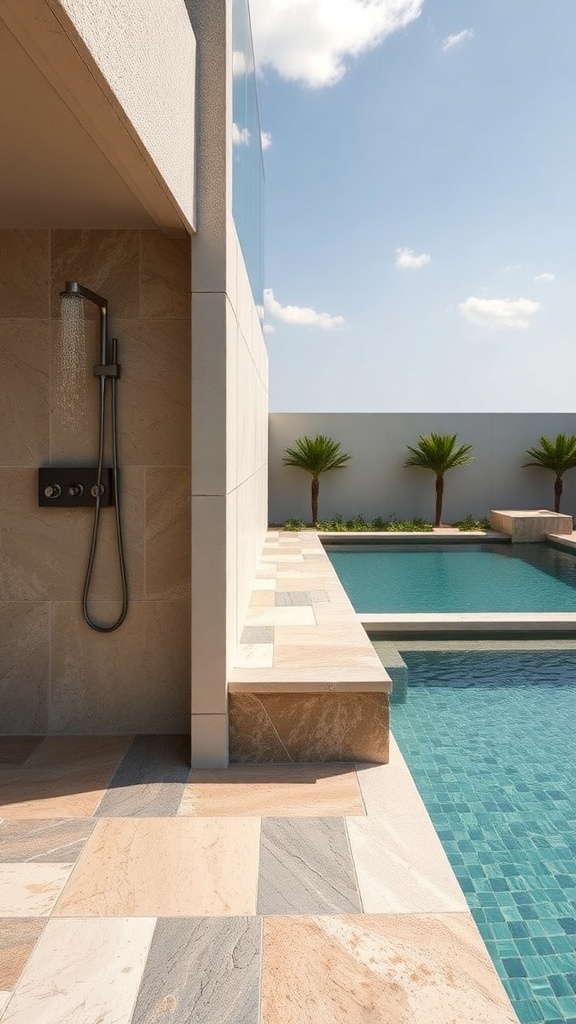 A modern outdoor shower next to a luxury pool, featuring natural stone tiles and a clear blue sky.