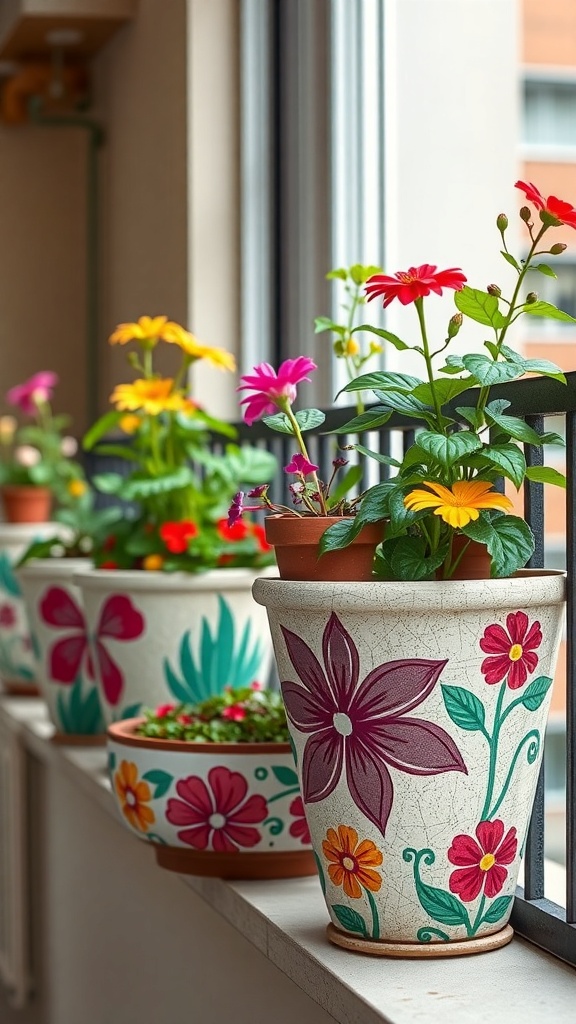 Colorful painted flower pots with various floral designs on a windowsill