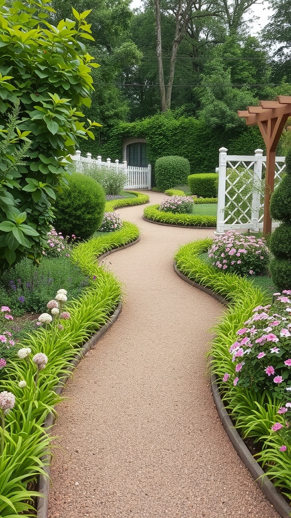 A winding pathway bordered by lush greenery and colorful flowers in a Japanese garden.
