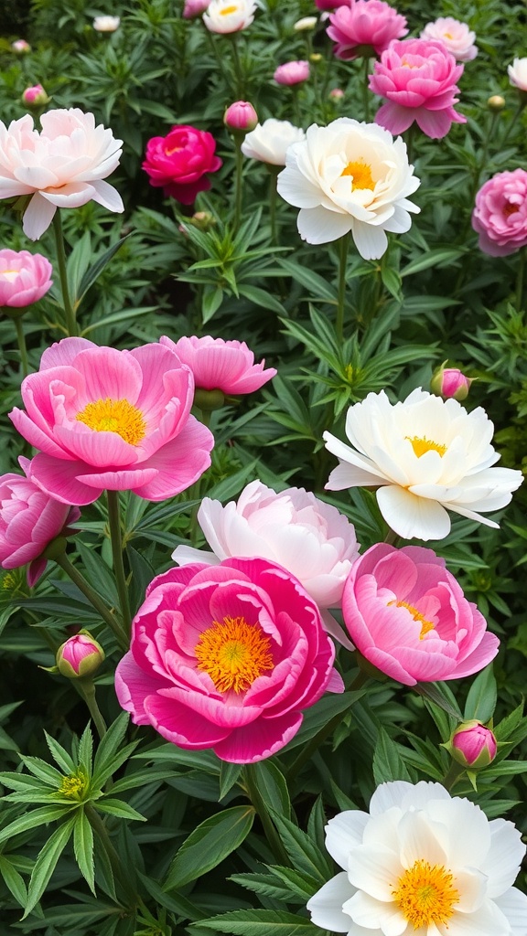 A vibrant display of pink and white peonies in full bloom, showcasing their lush petals and bright yellow centers.