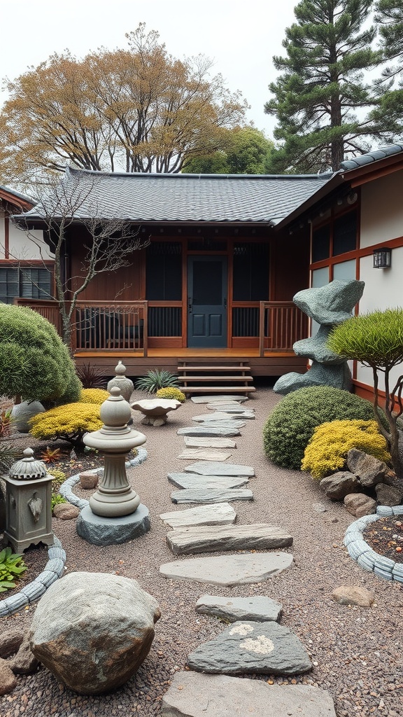 A serene Japanese garden with a stone path, lanterns, and lush greenery.