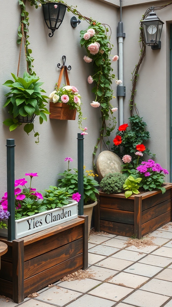 Wooden planter boxes with colorful flowers and built-in seating in a garden.
