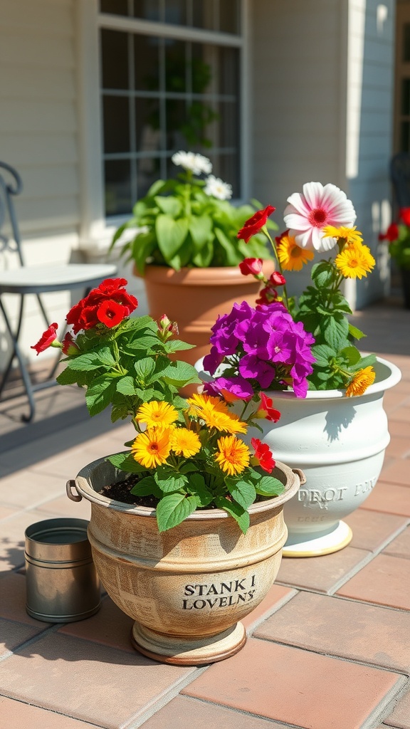 Colorful flowers planted in old colanders on a patio