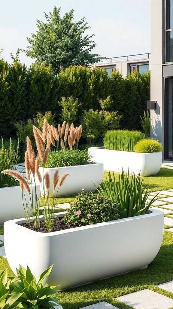Modern garden planters with built-in watering systems, featuring various plants in a green outdoor setting.