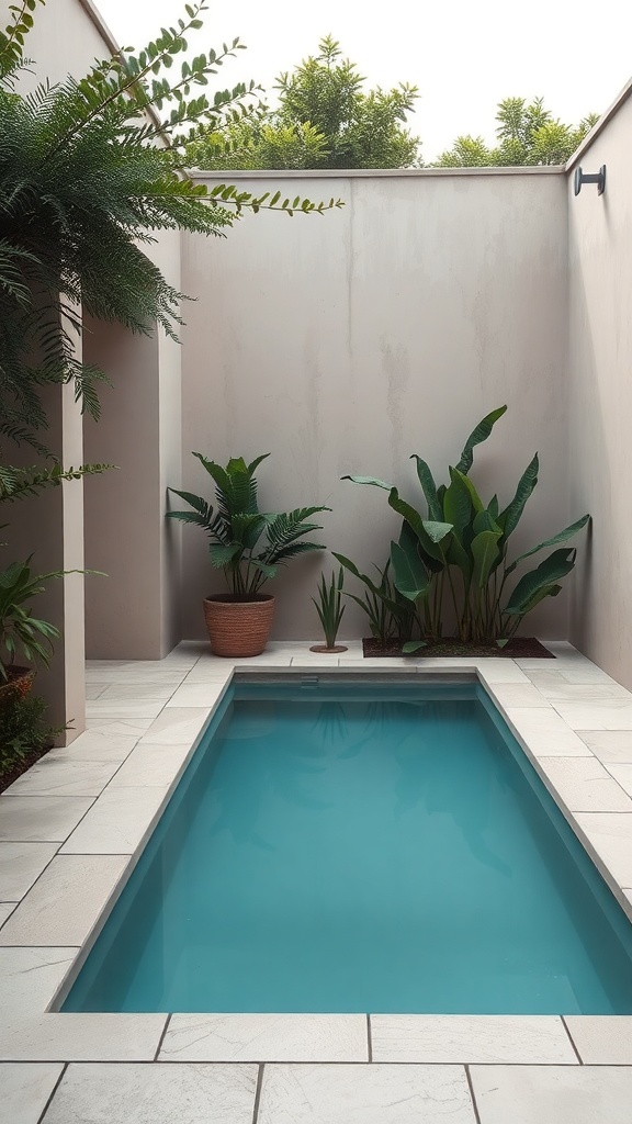 A modern plunge pool surrounded by lush plants in a courtyard setting.