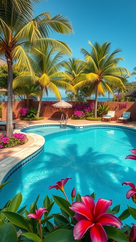 A beautiful plunge pool surrounded by palm trees and colorful flowers in a tropical setting.