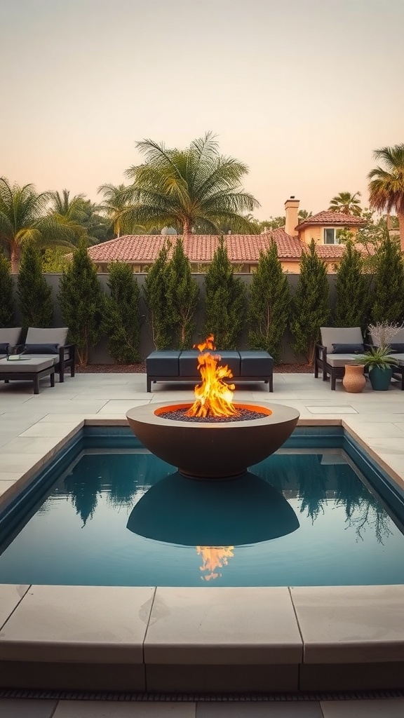 A modern plunge pool with a fire bowl, surrounded by palm trees and seating.