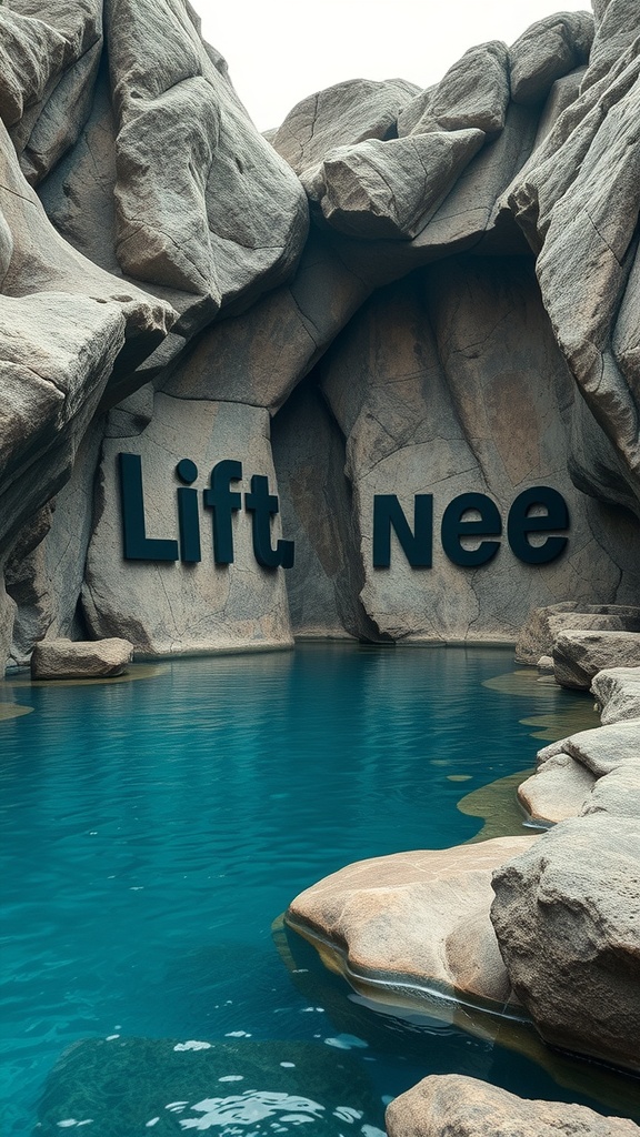 A plunge pool surrounded by large rock formations, featuring clear blue water and natural stone textures.