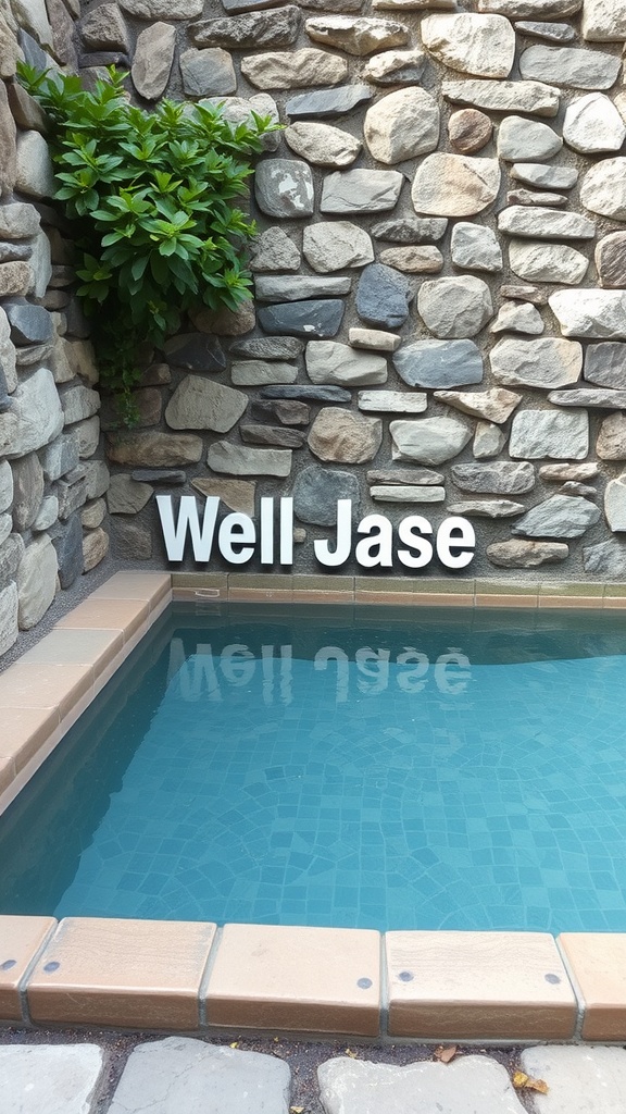 A plunge pool surrounded by a rustic stone wall with a small plant.