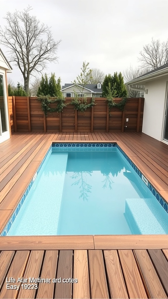 A plunge pool surrounded by a wooden deck and greenery.
