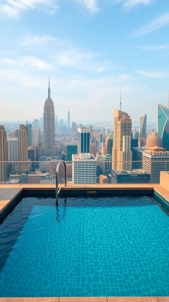 A plunge pool with a view of a city skyline, featuring tall buildings and a clear blue sky.