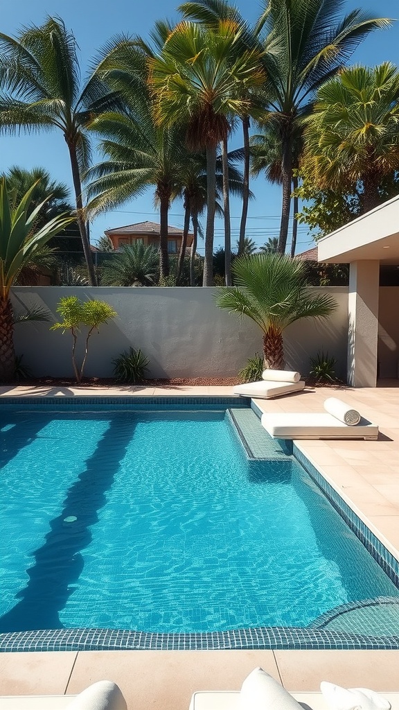 A plunge pool with a water lounge surrounded by palm trees