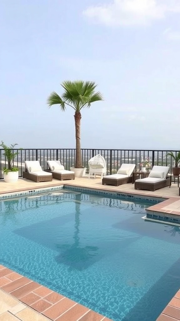 A plunge pool with built-in seating surrounded by lounge chairs and a palm tree.
