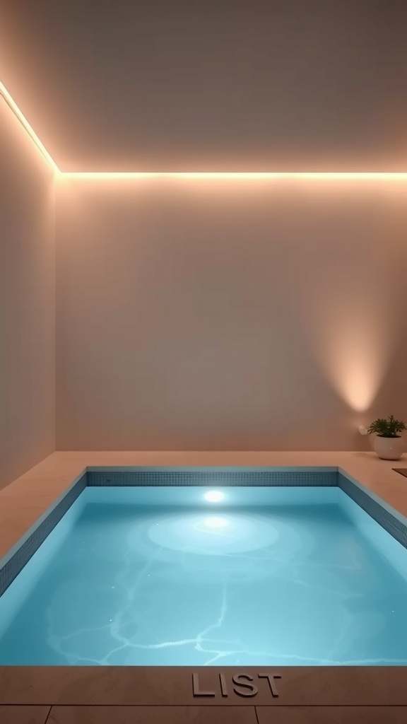 A modern plunge pool with soft, warm lighting illuminating the water and surrounding area.