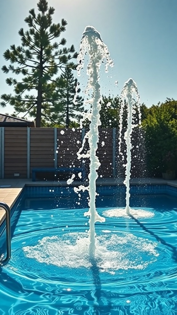 A plunge pool with deck jets creating water fountains, surrounded by greenery and a wooden fence.