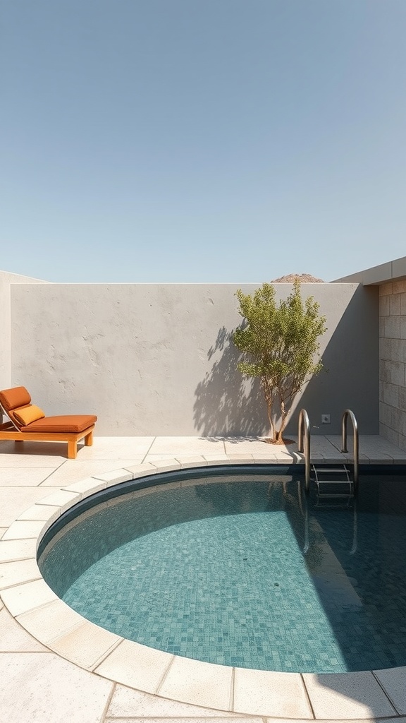 A modern plunge pool surrounded by eco-friendly materials and a lounge chair.