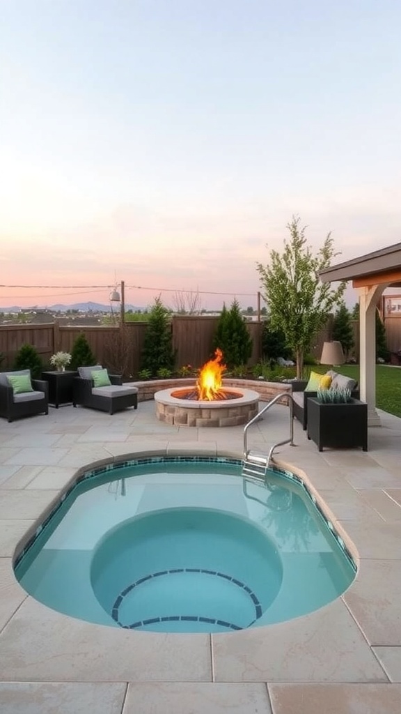 A plunge pool with a fire pit in a backyard setting, featuring seating and greenery.