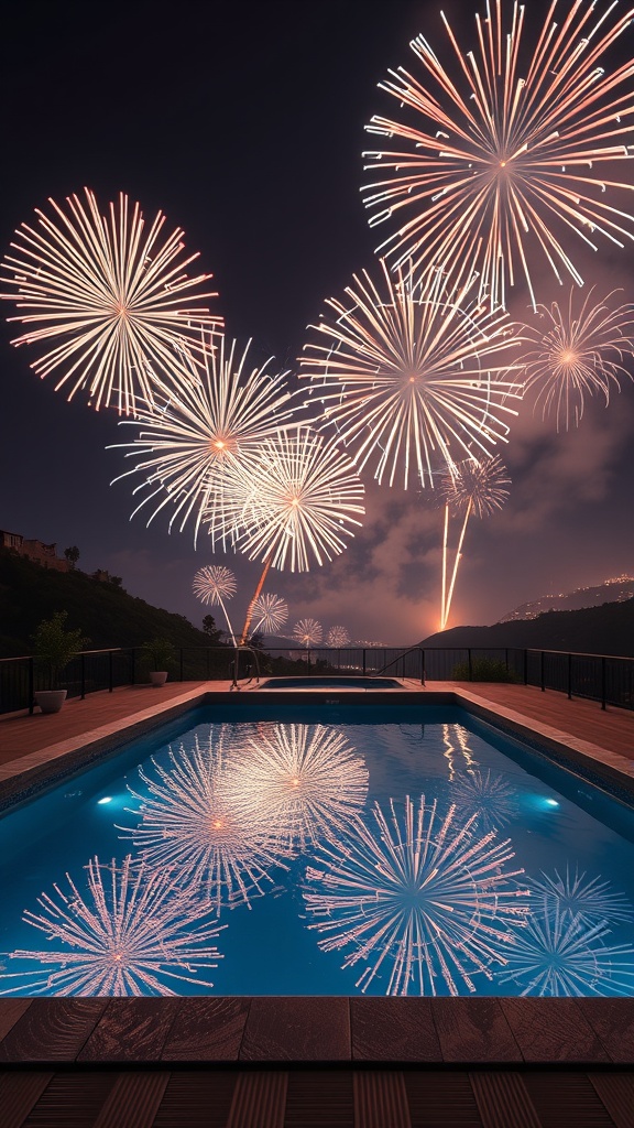 A plunge pool reflecting fireworks in the night sky
