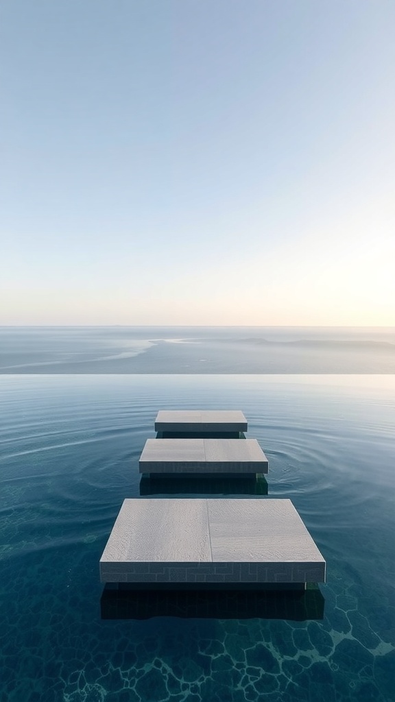 A plunge pool with floating steps leading across the water, creating a modern and serene atmosphere.