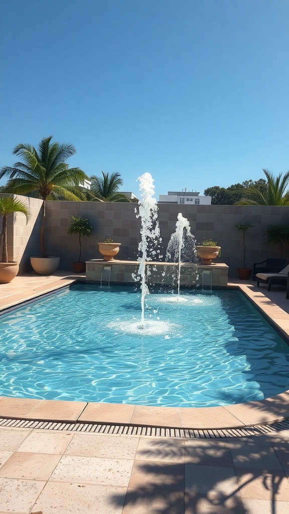 A plunge pool with fountains surrounded by palm trees and a clear blue sky.