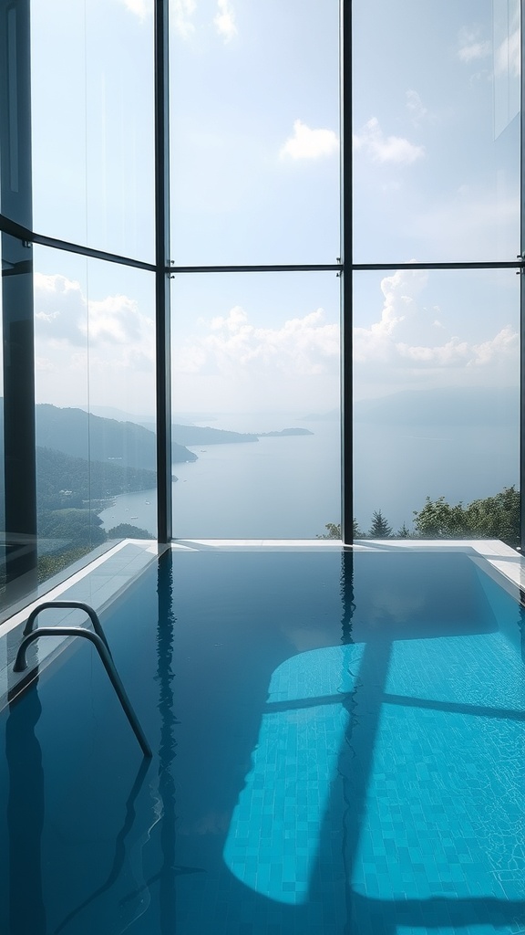 A plunge pool with glass walls overlooking a scenic view