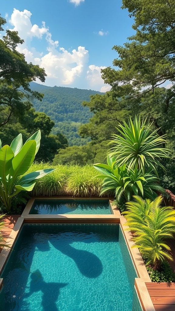 A beautiful plunge pool surrounded by lush green plants and trees under a bright blue sky.