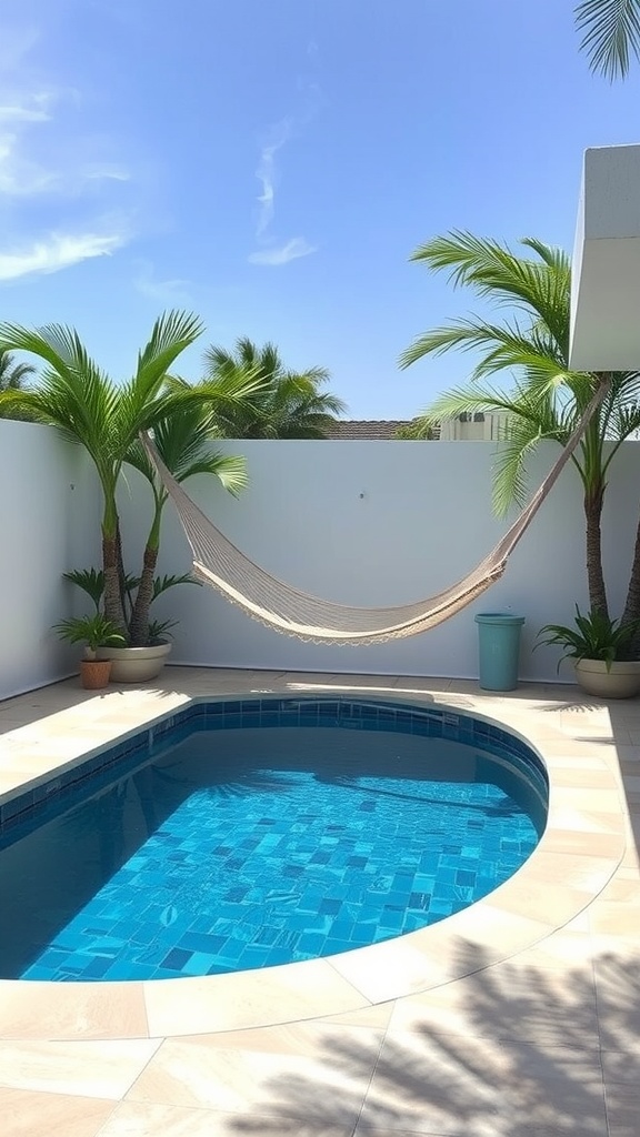 A plunge pool with a hammock area surrounded by palm trees and blue sky.