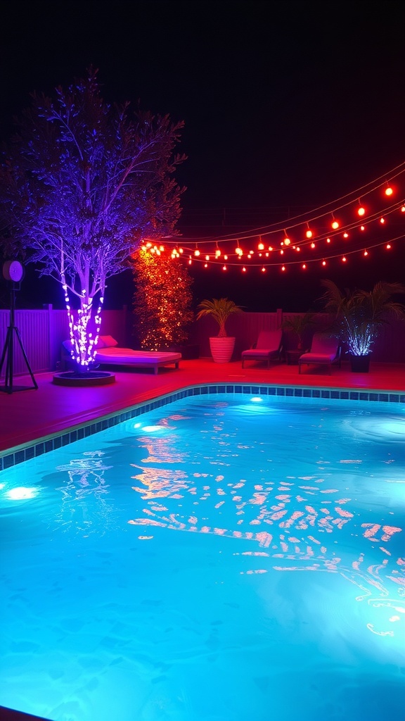 A plunge pool at night illuminated with colorful LED lights, surrounded by lounge chairs and decorative plants.