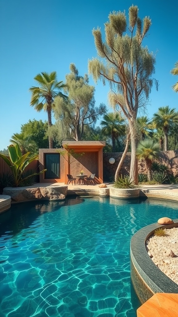 A beautiful plunge pool with natural filtration surrounded by greenery and modern design.