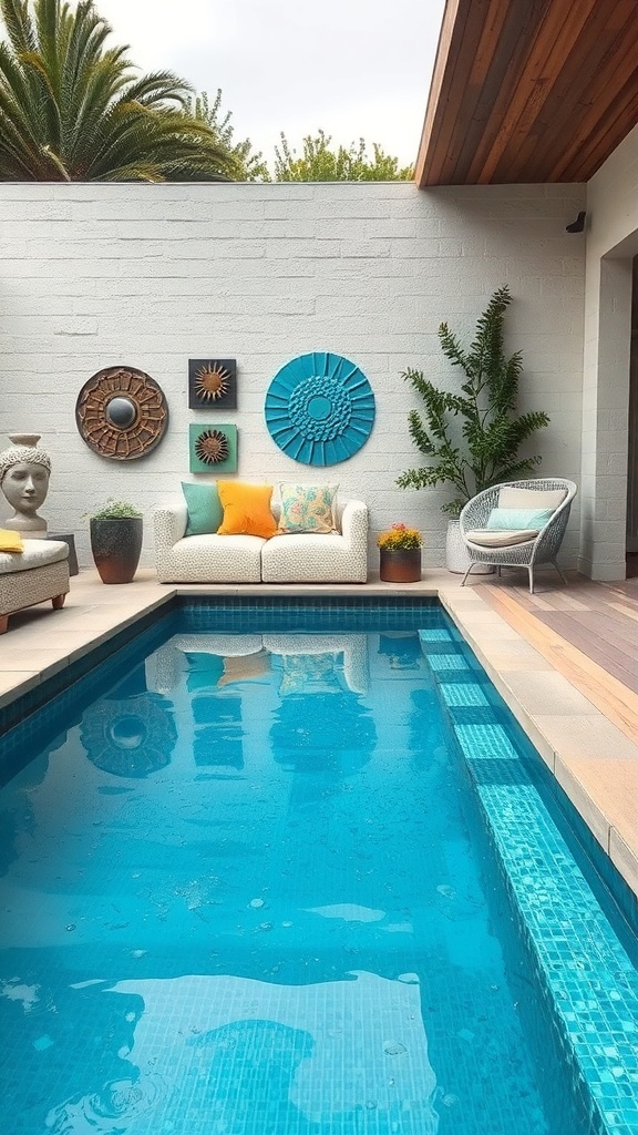 A plunge pool surrounded by outdoor art and comfortable seating.