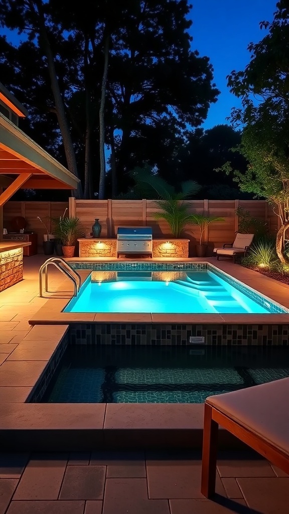 A beautifully lit plunge pool next to an outdoor kitchen, surrounded by plants and seating.
