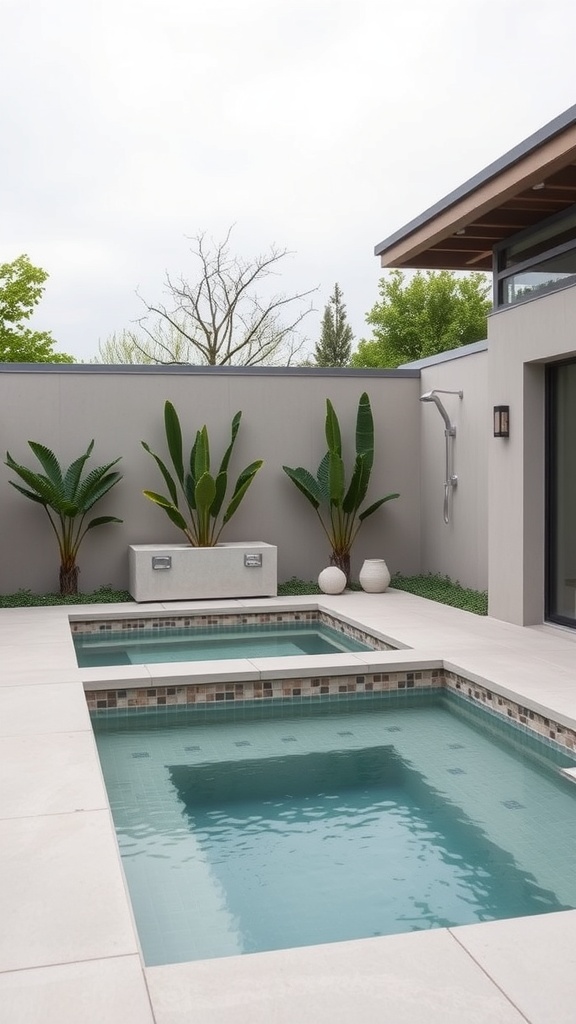 A modern plunge pool with an outdoor shower, surrounded by green plants.
