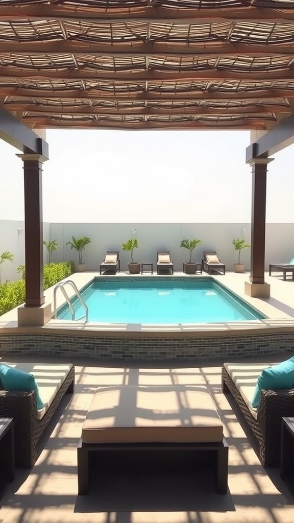 A plunge pool surrounded by a pergola and lounge chairs, creating a relaxing outdoor space.