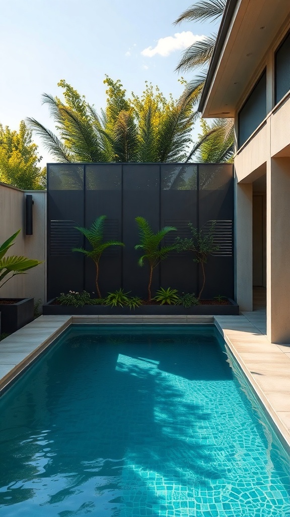 A stylish plunge pool surrounded by privacy screens and lush greenery.