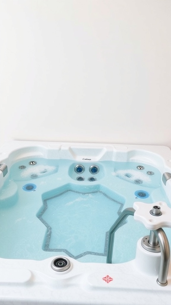 A modern hot tub with spa jets filled with clear water.