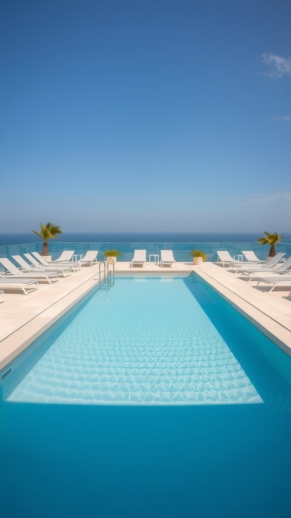 A beautiful plunge pool surrounded by lounge chairs and palm trees, with a clear blue sky in the background.