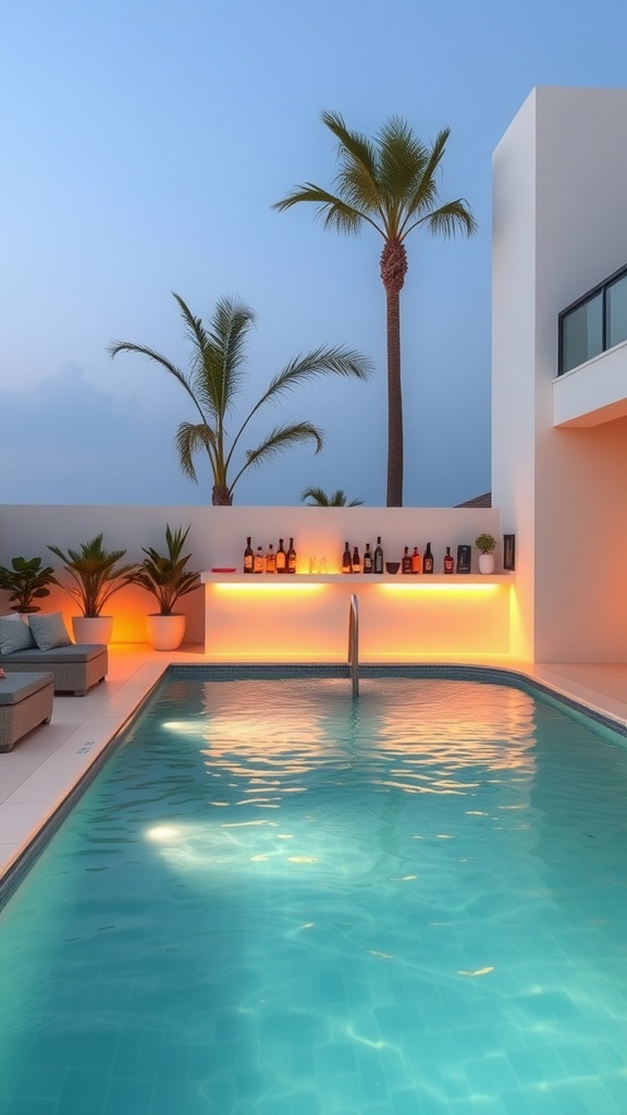 A modern plunge pool with a swim-up bar, surrounded by palm trees and warm lighting.