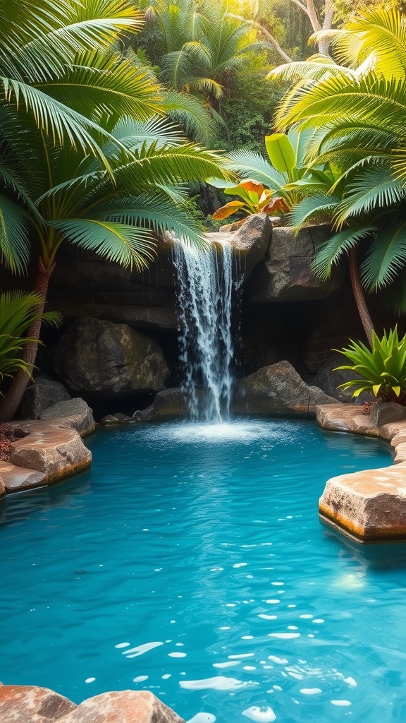 A beautiful plunge pool with a waterfall surrounded by tropical plants.