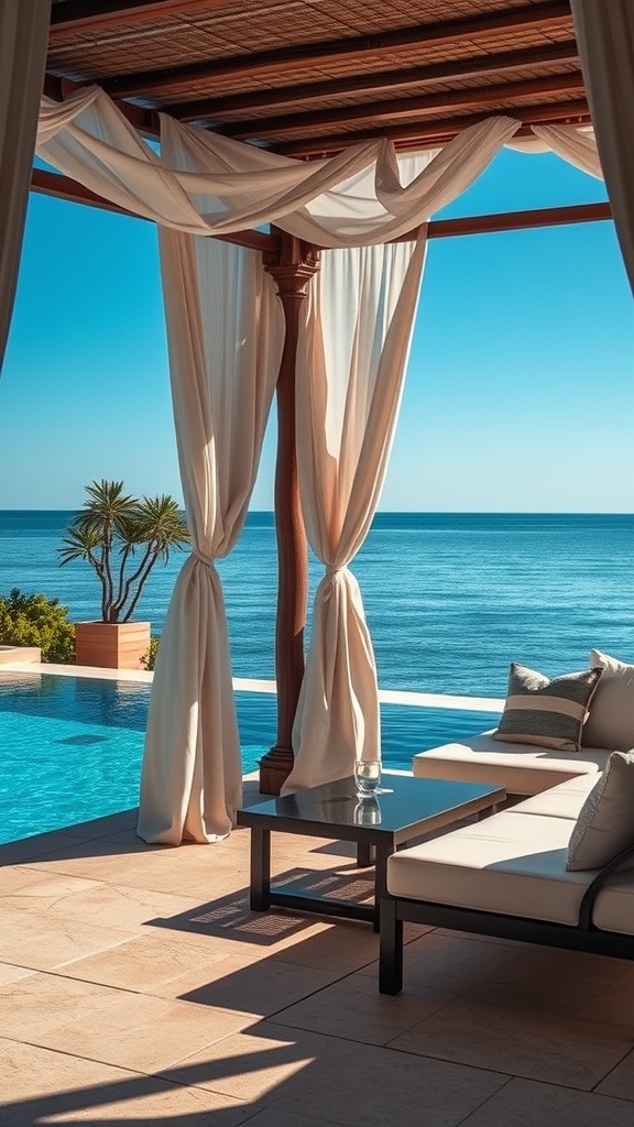 A luxurious poolside cabana with soft drapes and a view of the ocean.