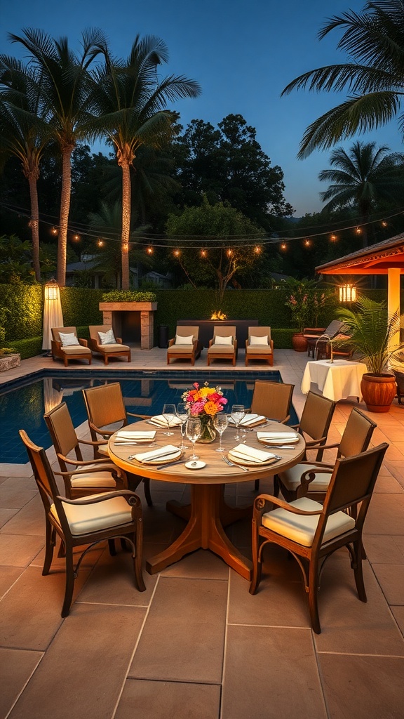 A beautifully arranged poolside dining area with a round table, chairs, and string lights, surrounded by palm trees.