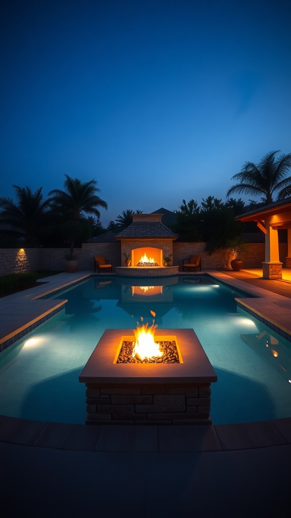 A luxurious pool area featuring a central fire pit surrounded by water, illuminated at night.