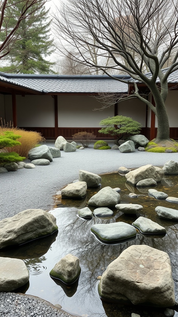A modern Japanese garden featuring rocks, water, and trees, designed for tranquility and reflection.