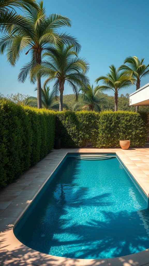 A private pool surrounded by palm trees and lush greenery under a clear blue sky.