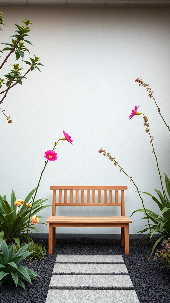 A wooden bench in a small Japanese garden surrounded by flowers and stones.