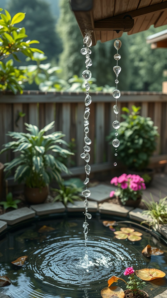 A decorative rain chain made of clear beads, cascading water into a pond surrounded by plants and flowers.